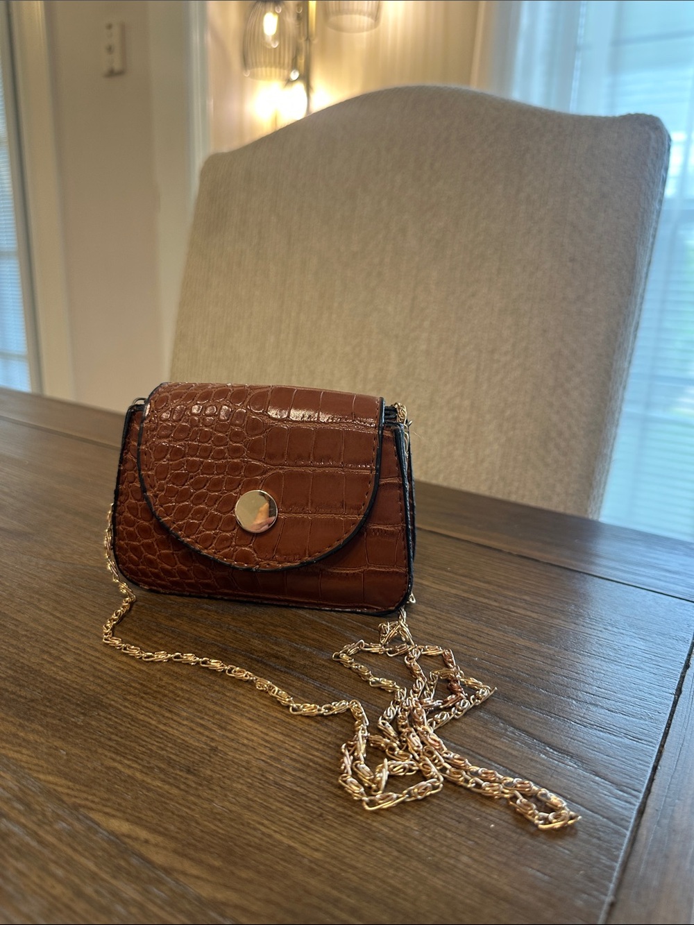 Brown Croc-Embossed Chain Crossbody Bag